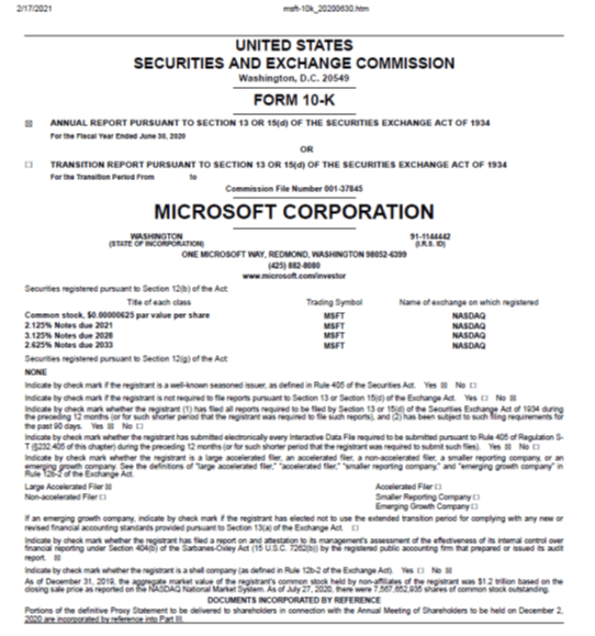 Screenshot of a cover sheet of a Form 10-K for Microsoft